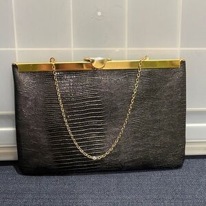 Vintage Black Textured Evening Clutch with Gold Chain